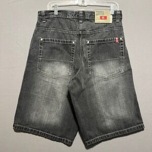 South Pole Mens Black Denim Shorts 34 Baggy Red Tab Streetwear Y2K Jean Shorts
